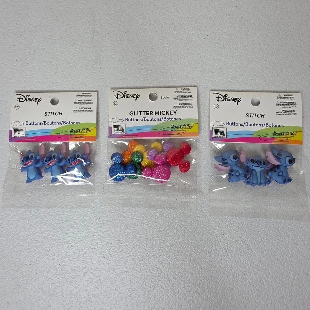 NEW Disney Dress It Up Buttons Stitch Glitter Mickey 3pk Crafting Novelty